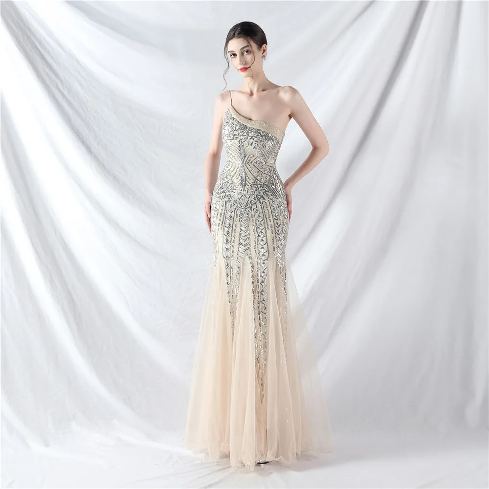 

2024 Women Sleeveless One Shoulder Sequin Formal Dress Sparkly Glitter Wrap Mermaid Dress Banquet Wedding Maxi Dresses Prom Gown