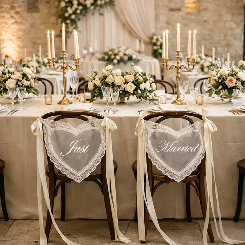 

Just Married Heart Shaped Sheer Lace Chair Sign for Bride & Groom Wedding Day Chair Decor Supplies Bridal Shower Party Accessory