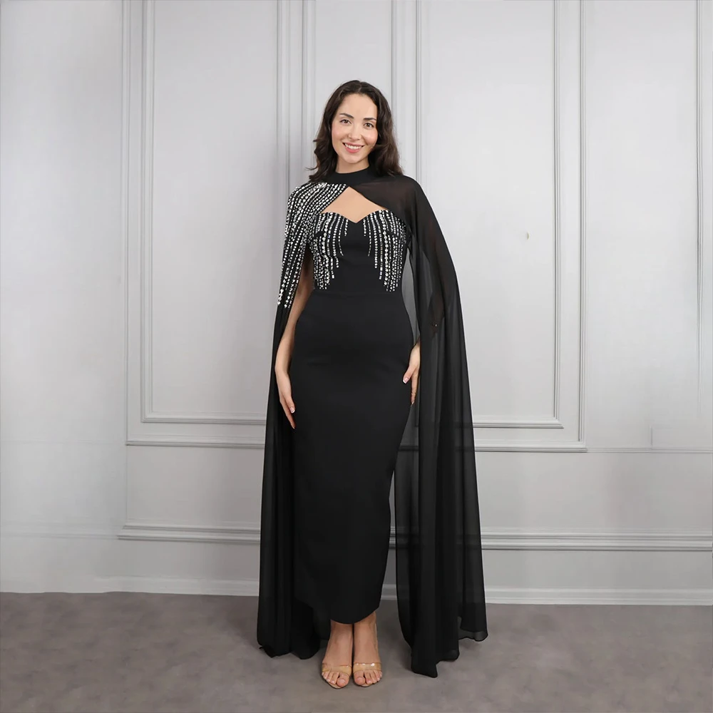 

Customized High Collar Long Evening Dresses Black Elegant Formal Occasion Prom Gowns Crystal 2025 Tea-Length Prom Dresses