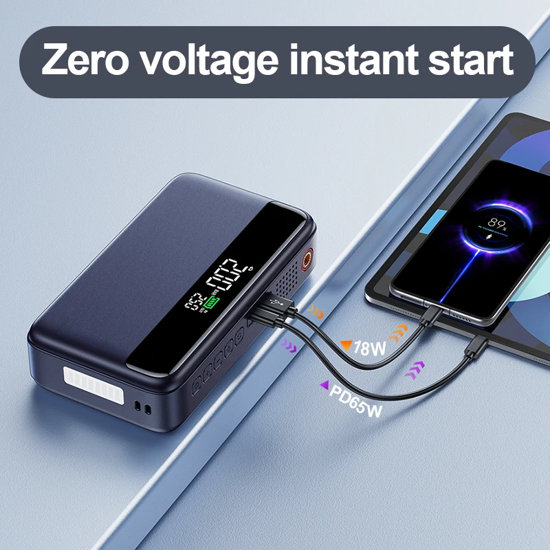 10000mAh Car Jump Starter Multifunctional Emergency Power Supply Built‑in 150PSI Tire Inflator Digital LED Flashlight Portable