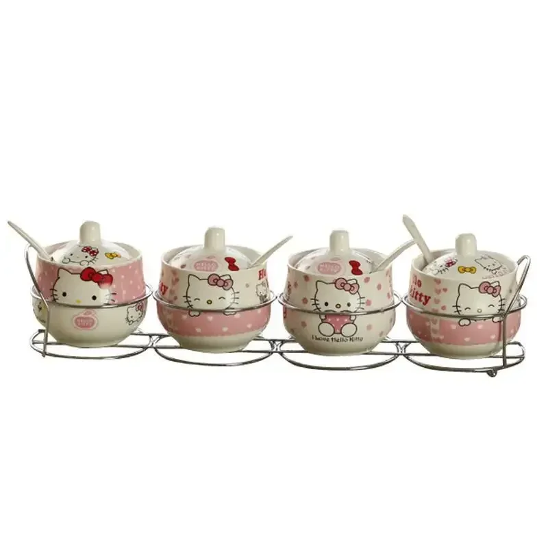 Special Offer Ceramic Set Seasoning Jar Cartoon Pattern Bone China Four-piece Set of Spices Bottle Kitchen Supplies Iron Rack