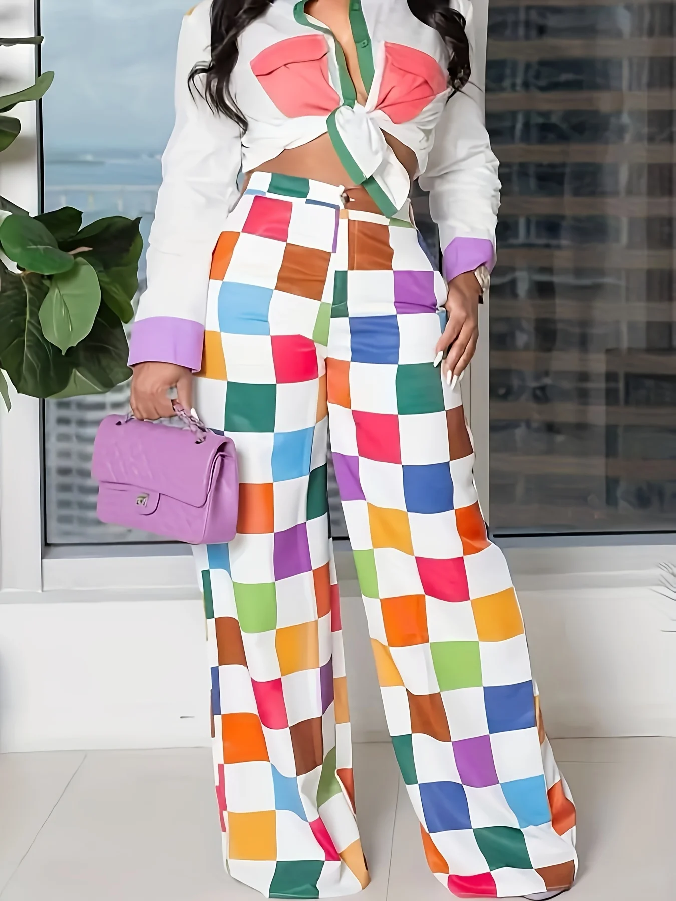 

Checkered Print Lapel Long Sleeved Buckle Front Strap Round Neck Shirt and Wide Leg Pants Vacation Two-piece Set