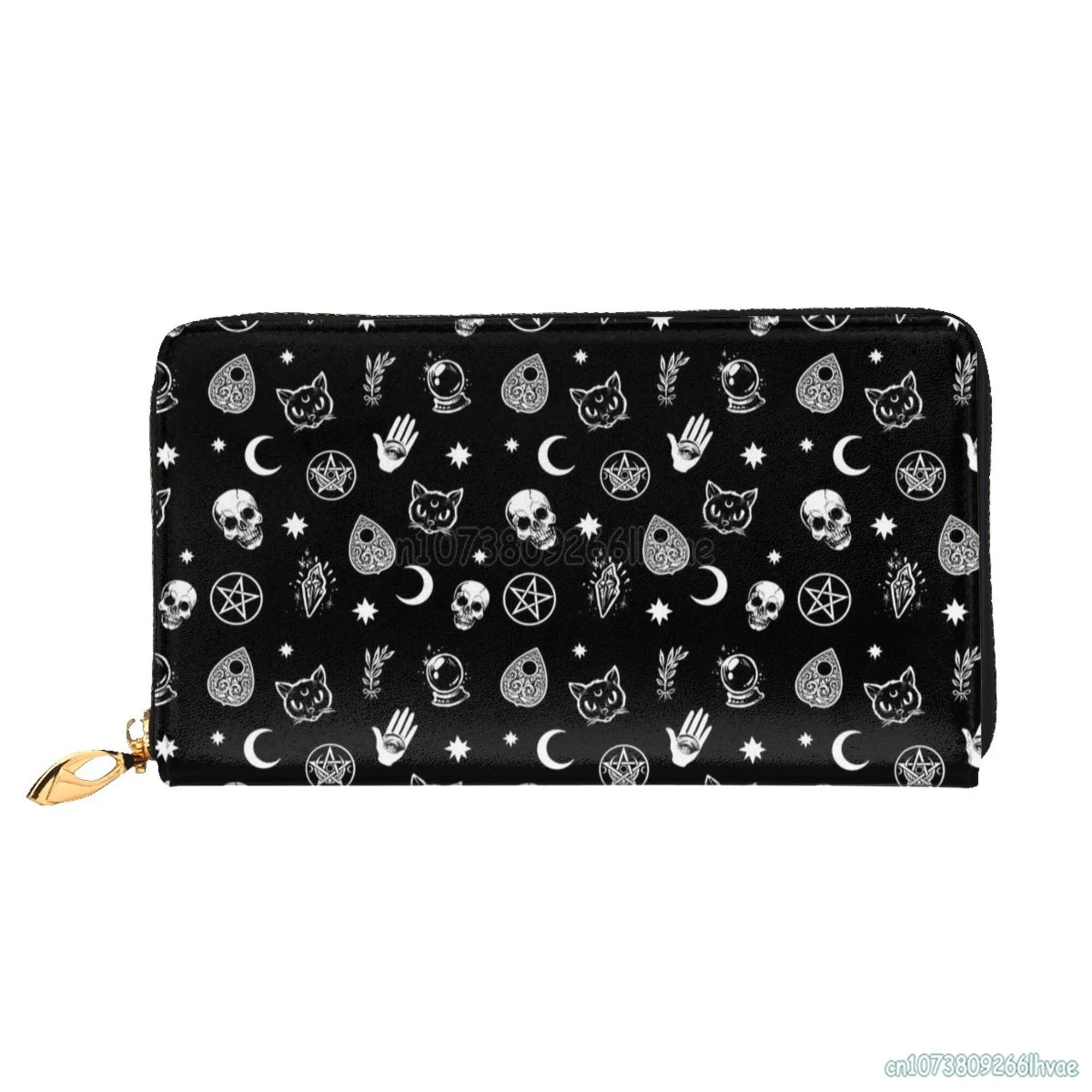 Women's Skull Cat Moon Goth Wallet Faux Leather Long Wallet Coin Purse Card Holder with Zip