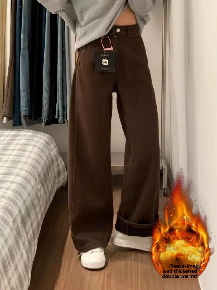 Hoge taille verdikte Fce wijde pijpen jeans dames casual Sle mes losse fit denim broek herfst winter afslanken