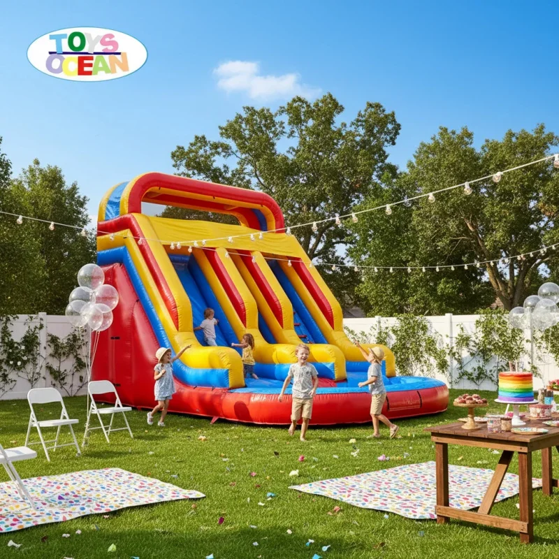 Red Yellow Blue Triple Lane Inflatable Water Slide | Commercial Grade Water Slide with Pool for Outdoor Summer Events