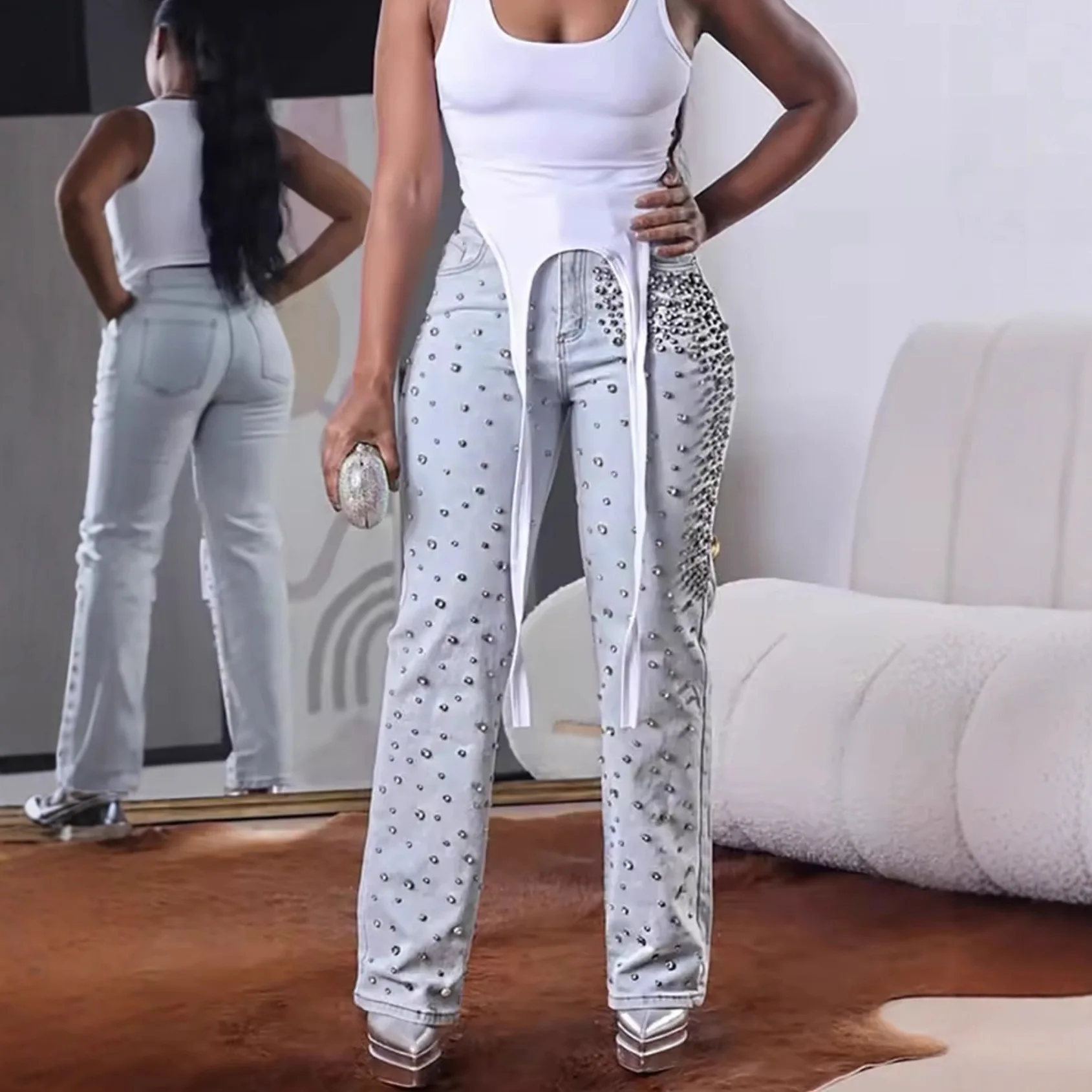 Denim Pant Women Jeans Vintage Long Pants Slim Fit Sexy High Waist Straight Trousers Y2k Streetwear Elegant Splice Work Casual
