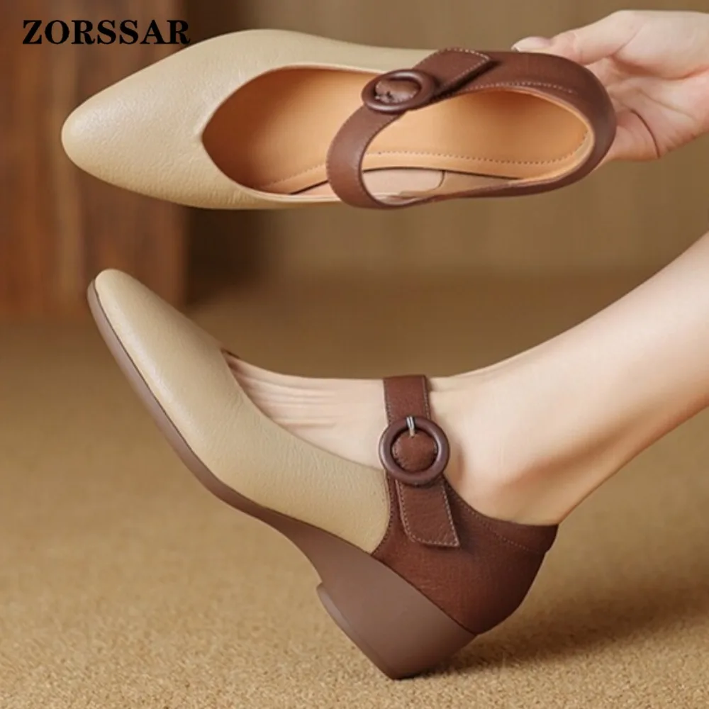 Women's Leather Mary Jane Pumps Pointed Toe Low Wedge Heel Buckle Strap Comfortable Vintage Office Party Daily Wear Dress Shoes