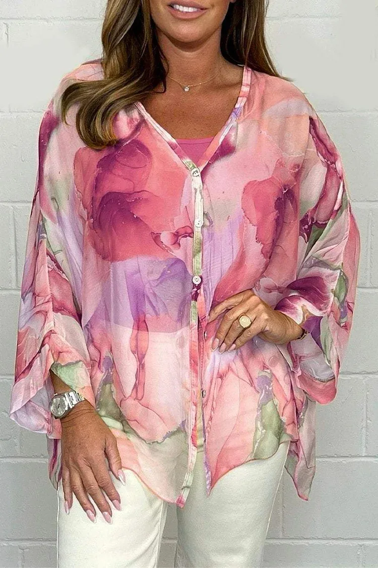 Losse Casual Tie Dye Print Side Split Shirt Voor Vrouwen Mode Elegante V-hals Dichtgeknoopt Chiffon Lange Mouwen Shirt 2024 Zomer nieuwe