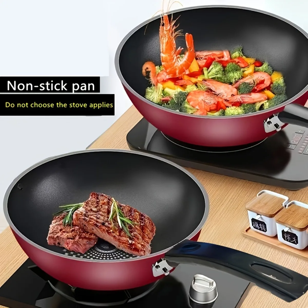 Sartén antiadherente para saltear, wok de fondo plano, sartén con revestimiento de piedra para cocinas de inducción, estufas de gas y todo tipo de cocinas. Utensilio de cocina multiusos para saltear verduras, huevos, bistec, fideos, arroz frito, panqueques, sopa. Juego de utensilios de cocina para el hogar.