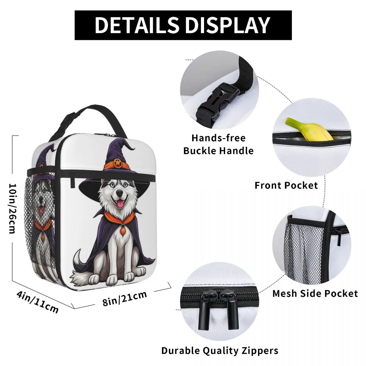 Siberian Husky Halloween Witch Decor Dog Lover Gift Insulated Lunch Bag Thermal Food Box Tote Leakproof Lunch Boxes Container