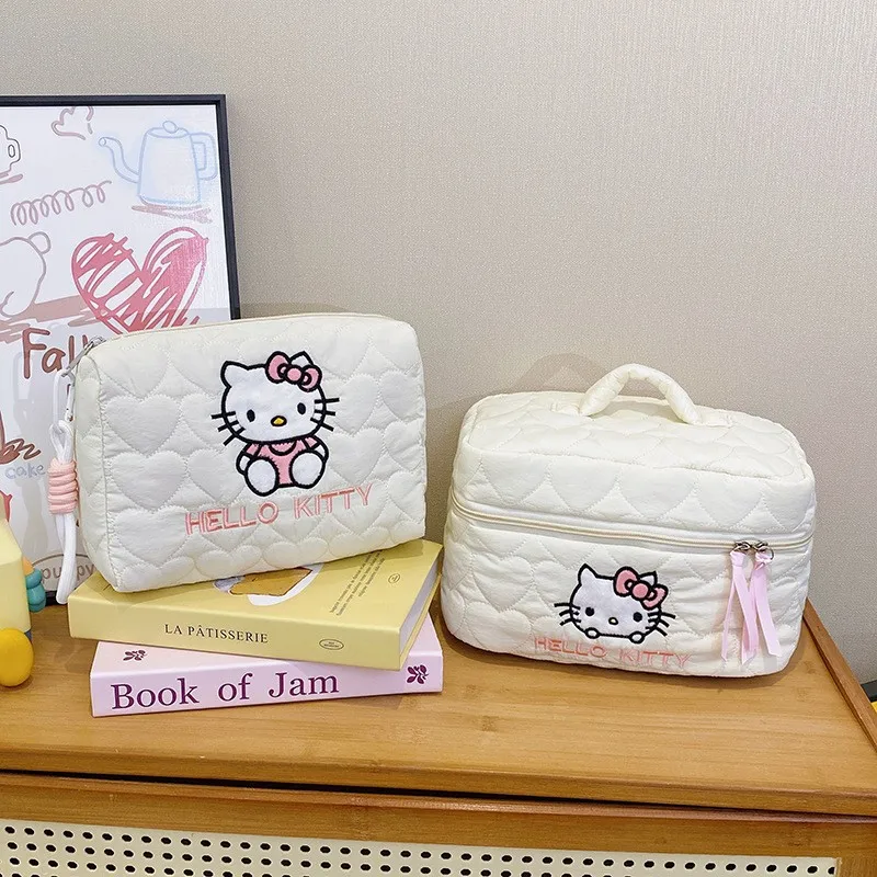Bolsa de Maquiagem Acolchoada Hello Kitty com Textura Nuvem Macia, Grande Capacidade, para Viagem, Armazenamento de Cosméticos, Necessaire, Presentes Femininos