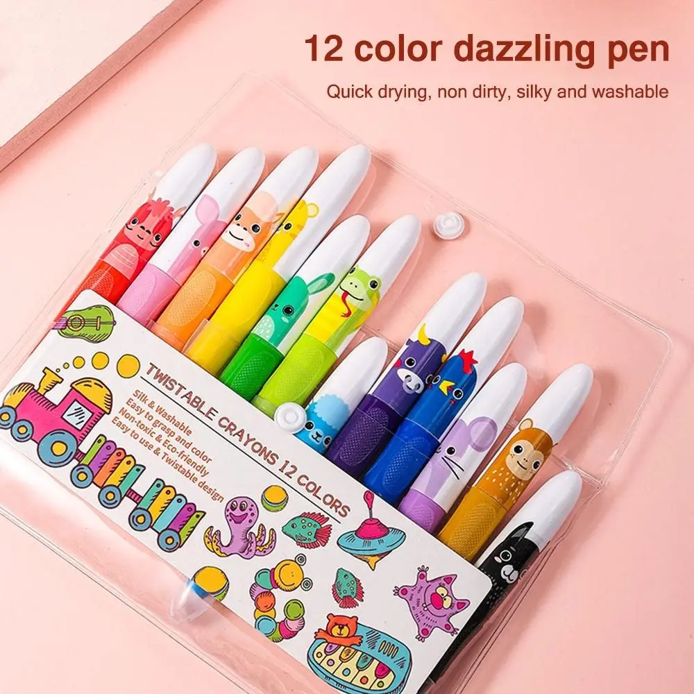 Cute Quick Dry 12 Color Drawing Pens Washable Non-dirty Hand Colorful Crayons Water-Soluble Twistable Coloring Sticks