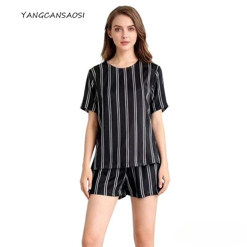

Striped Short Sleeved Shorts Set 22MM 100% Natural Mulberry Silk Satin Casual Round Neck Short Sleeved Cool Homewear