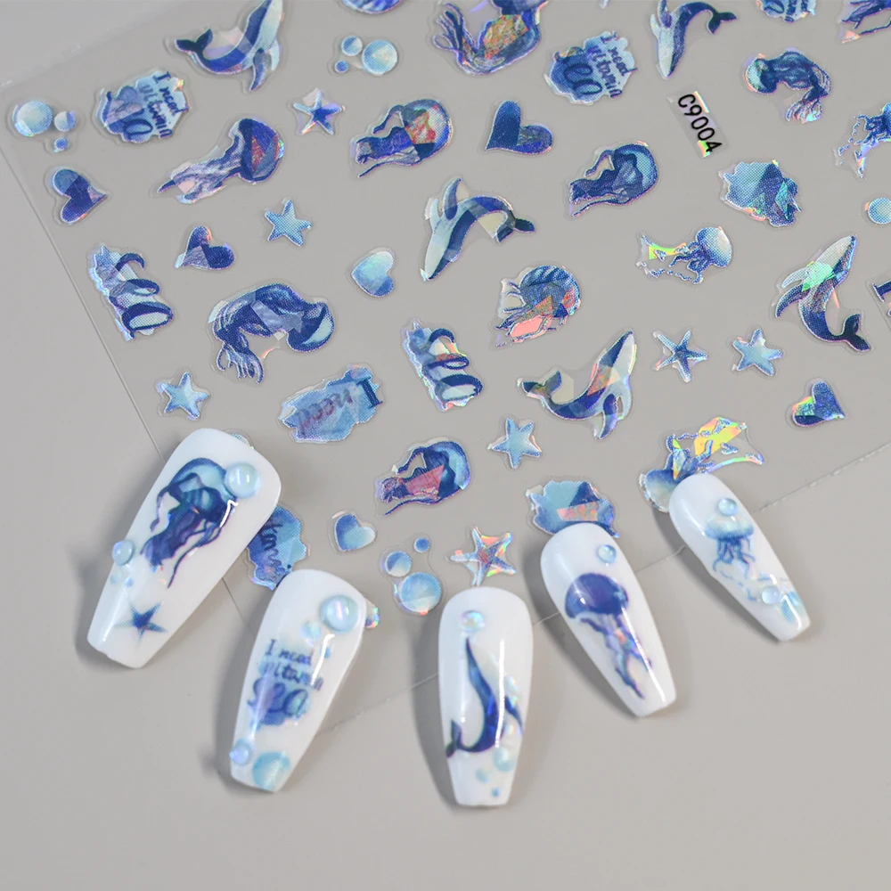 1/4 Uds. De pegatinas 3D para uñas de estrella de mar, concha de playa de verano, 10x8cm, concha colorida/medusa/balena, calcomanía para manicura con tema de animales en el océano