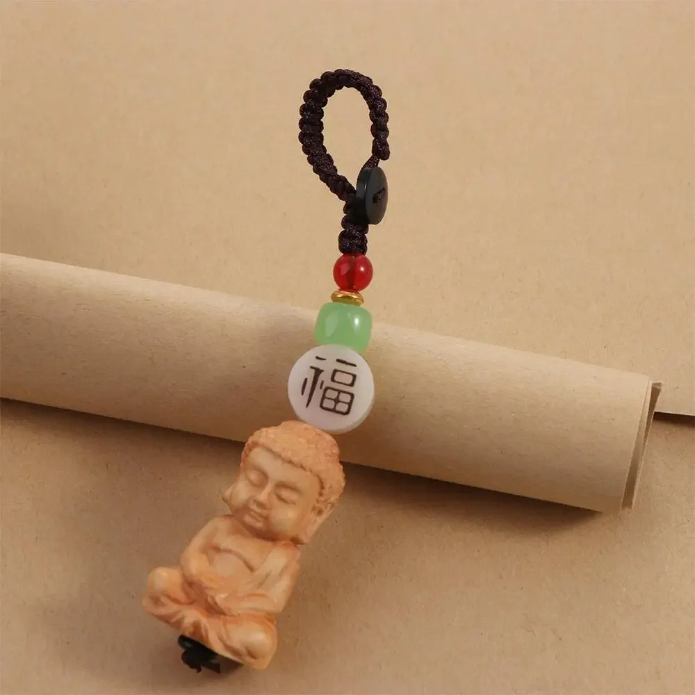 Men Women Boxwood Buddhist Keychain Handcarved Wooden Tathagata Buddha Lanyard Monk Key Holder Buddhist Keyring Jewelry Gift