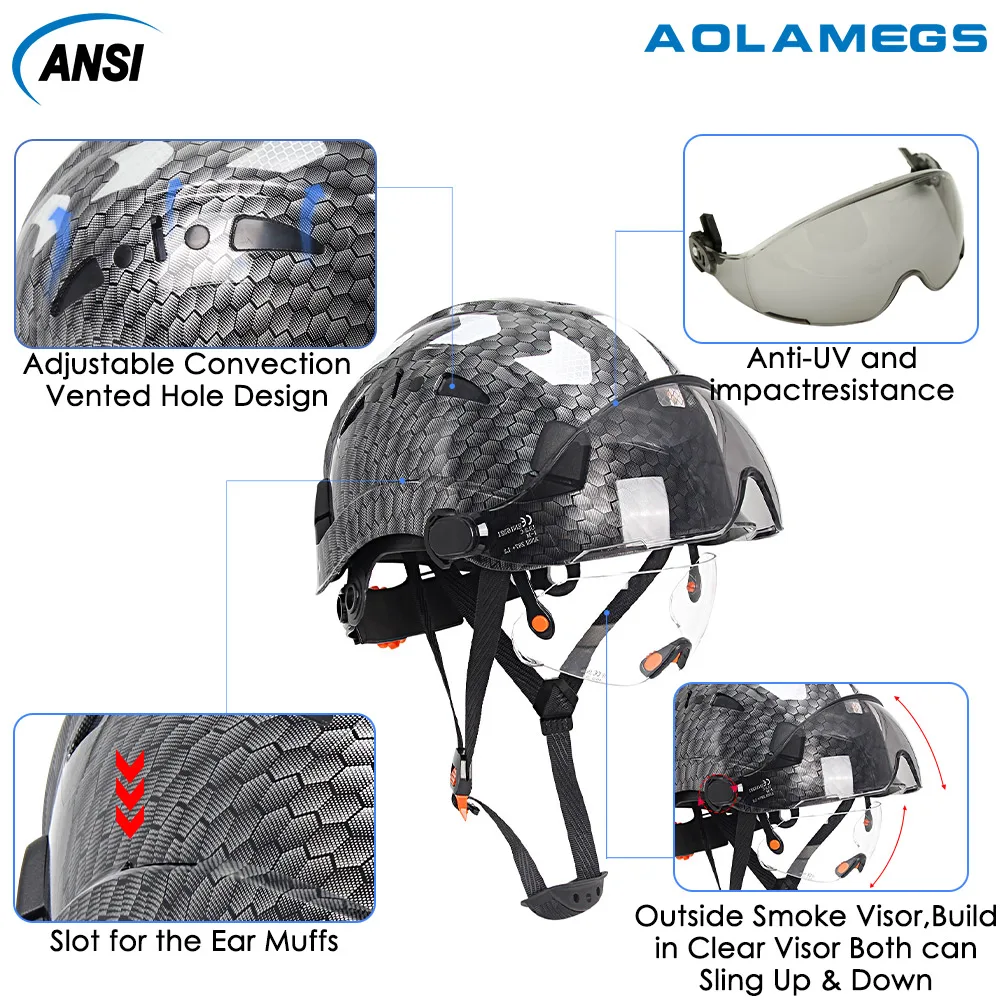 Construction Safety Helmet with Double Goggles Earmuffs ABS Carbon Fiber Pattern Hard Hat ANSI Engineer Work Cap Head Protection