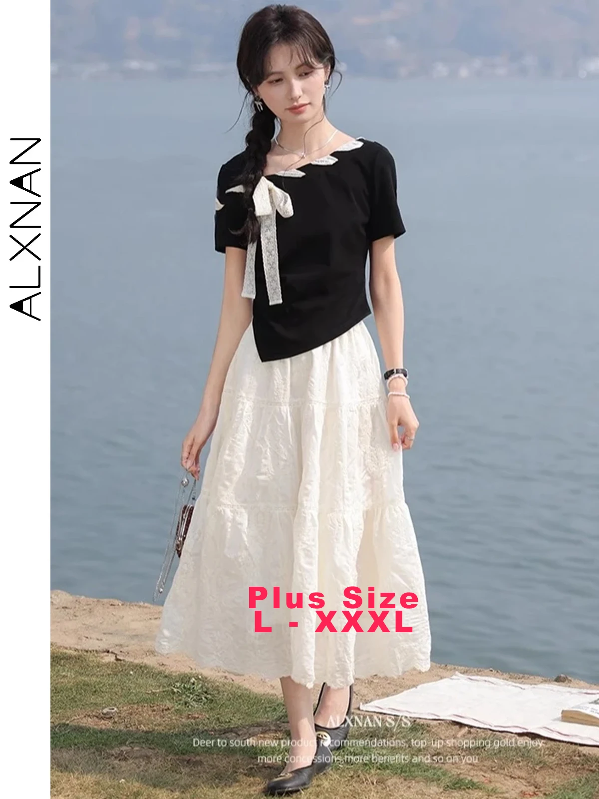 

ALXNAN Plus Size Women's White Skirt Elegant Long A-line Skirt 2025 Summer Hollow Lace Design Loose-fit Female Clothes D10306BSQ
