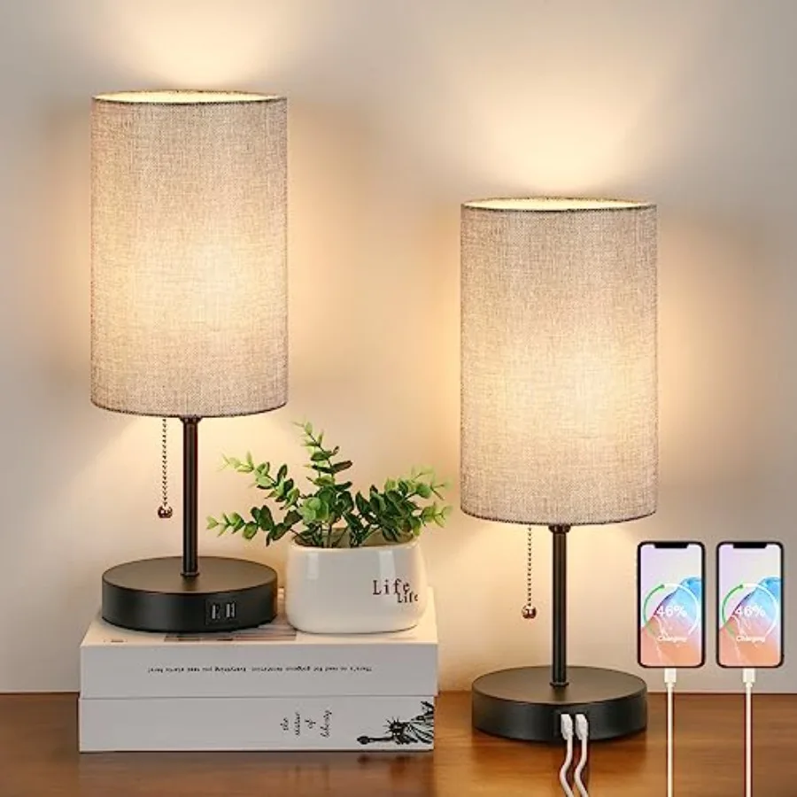 Modern Table Lamps Set of 2 Grey Fabric Shade and Metal Base for Living Room Bedroom Office Reading Dorm Hotel