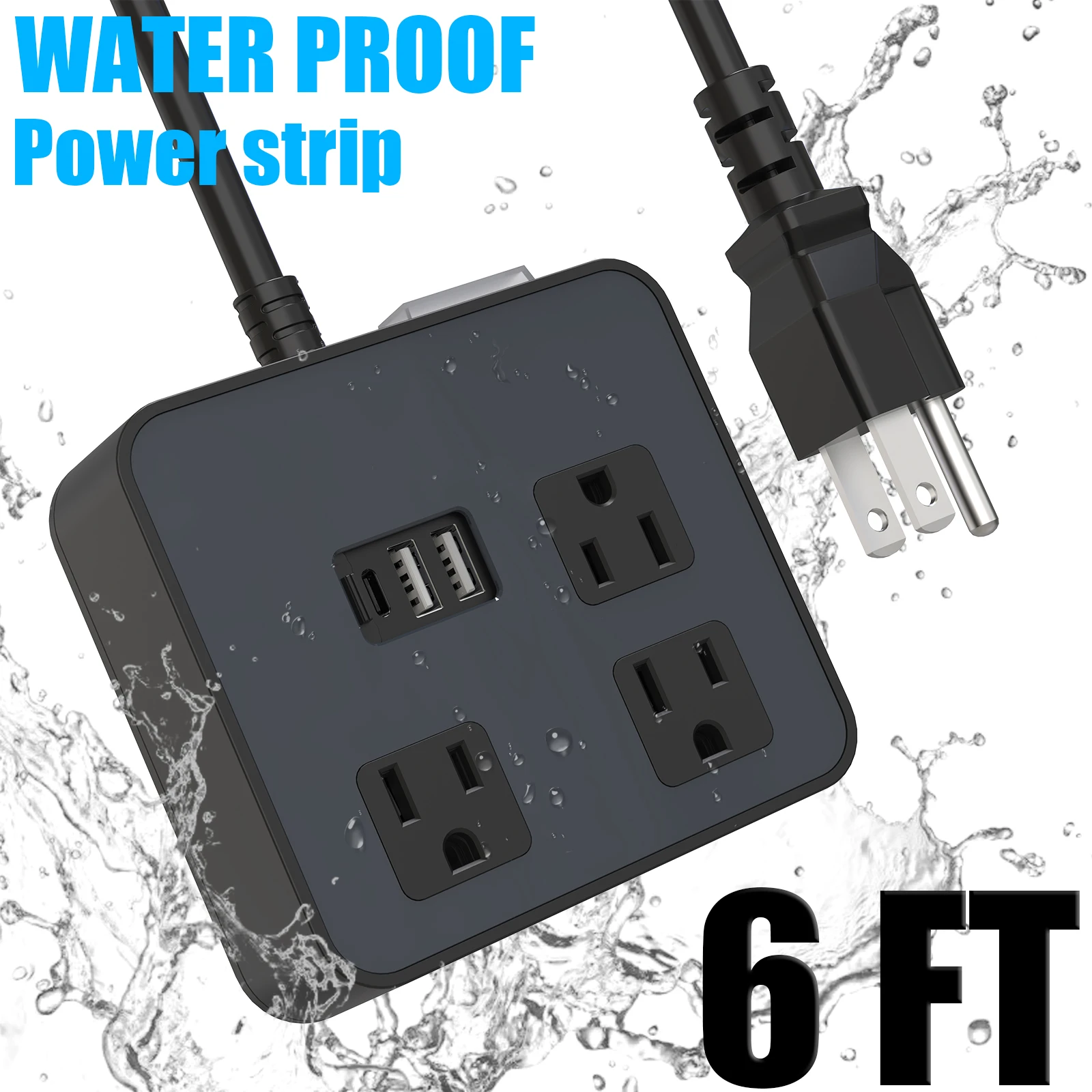 

Водонепроницаемая розетка IPX6 с USB-портом, удлинитель на 6 футов, плоская вилка, мультирозетка с выключателем питания для внутреннего и наружного использования
