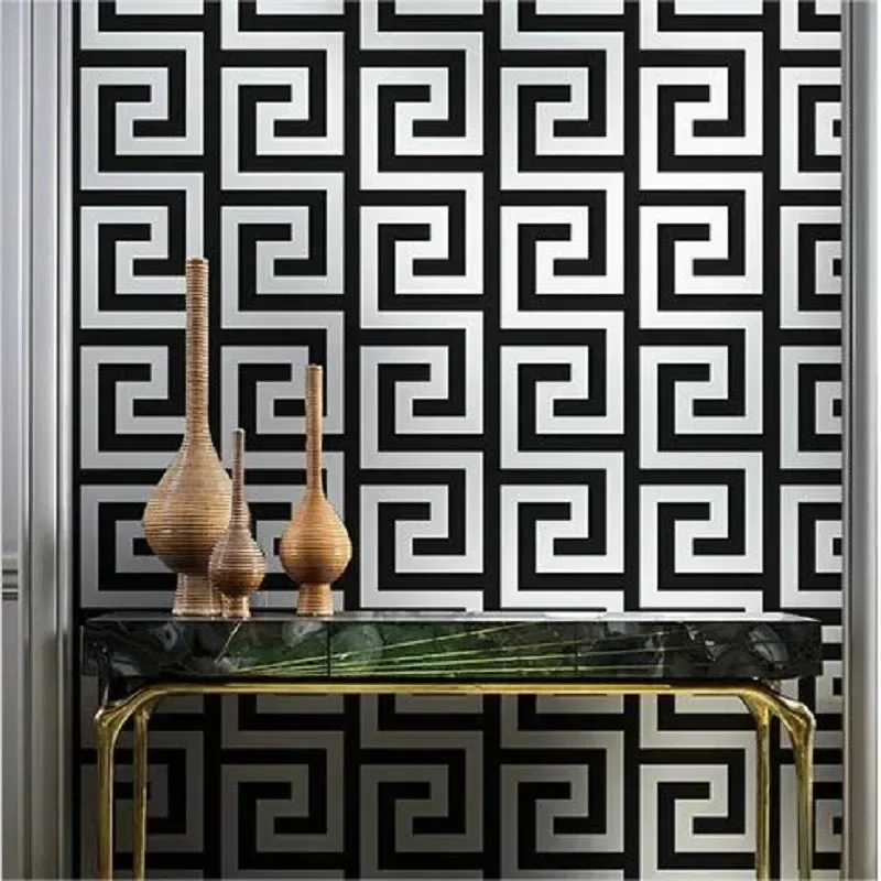 3D Geometric Wall Papers Black Luxury Satin Greek Key Wallpaper Home Decor Non Self adhesive Wallpaper for Living Room Bedroom