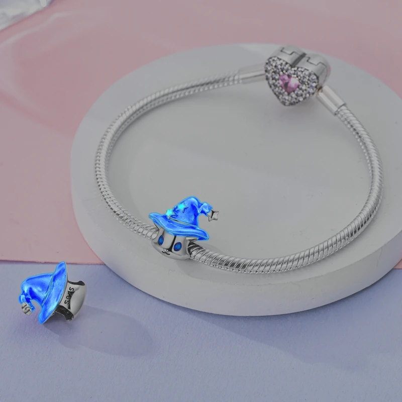 Breloques originales en argent 925, chapeau magique violet, pendentif chat, breloques en argent 925, Bracelets pour femme, fabrication de bijoux, bricolage