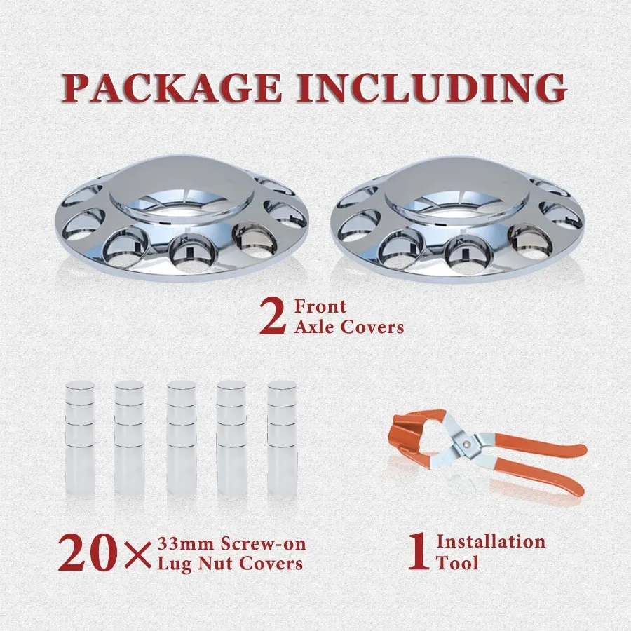 セミトラック用33mmクロームフロントアクスルホイールカバーセット、ABSプラスチック製ホイールハブキャップ、ネジ式ラグナットカバー付き、フロントアクスルホイール2個用