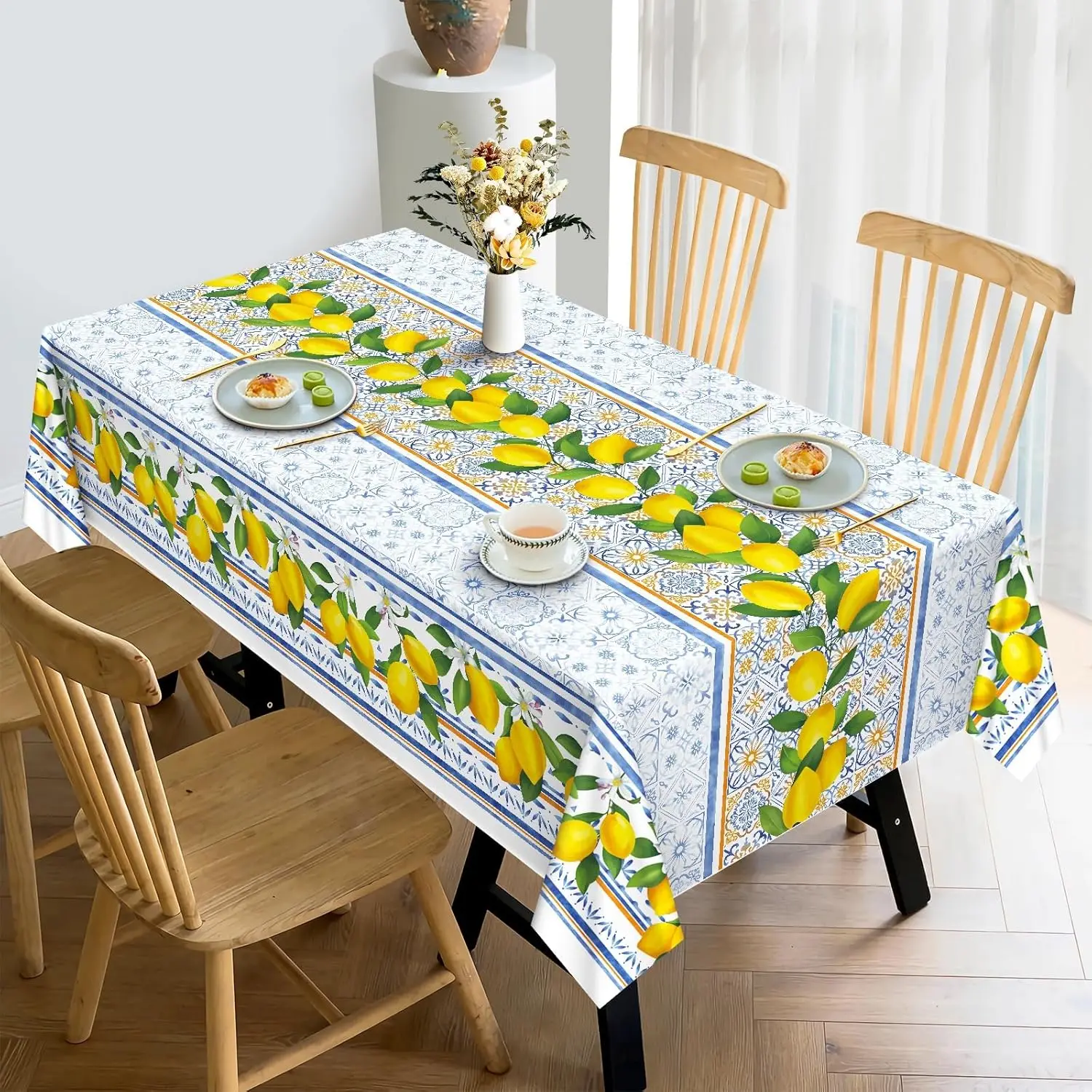 Summer Lemon Blue Tiles Waterproof Tablecloth for Table Decor Washable Table Cover for Home Kitchen Dining Party Decorations