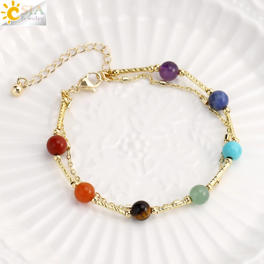 Double Layers Bracelet 7 Chakra Natural Stone & Gold Color Link Chain Sun StoneCrystal Beaded Bracelets Mother Gift Jewelry H439