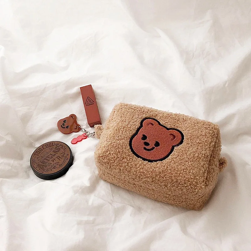 Sac de rangement de cosmétiques Kawaii Bear pour femmes, trousse de maquillage, trousse de lavage de rouge à lèvres, étuis à crayons mignons,