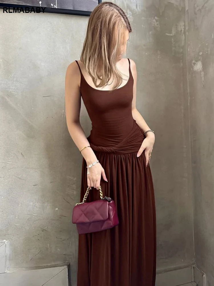 RLMABABY مثير السباغيتي حزام عارية الذراعين الملتوية Ruched المرأة Bodycon فستان طويل بلا أكمام منخفضة الرقبة الشارع الشهير غمد فستان ماكسي #2