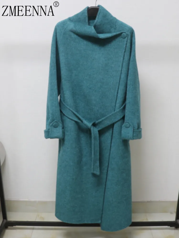 

ZMEENNA Womens Chic Wool Blend Coat Belted Front Button Long Sleeve Winter Outerwear With Tie Waist Wrap Style ZM3982