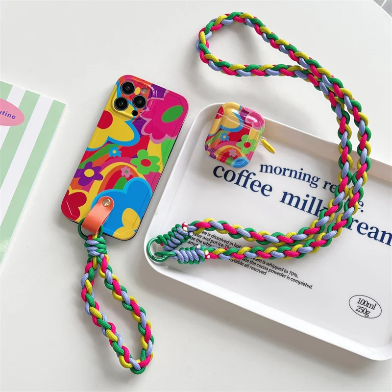 Outdoor Crossbody woven lanyard Graffiti flower case For iphone 13 14Pro 15 12 14pro max for airpods 3 1 2 Pro silicone cover