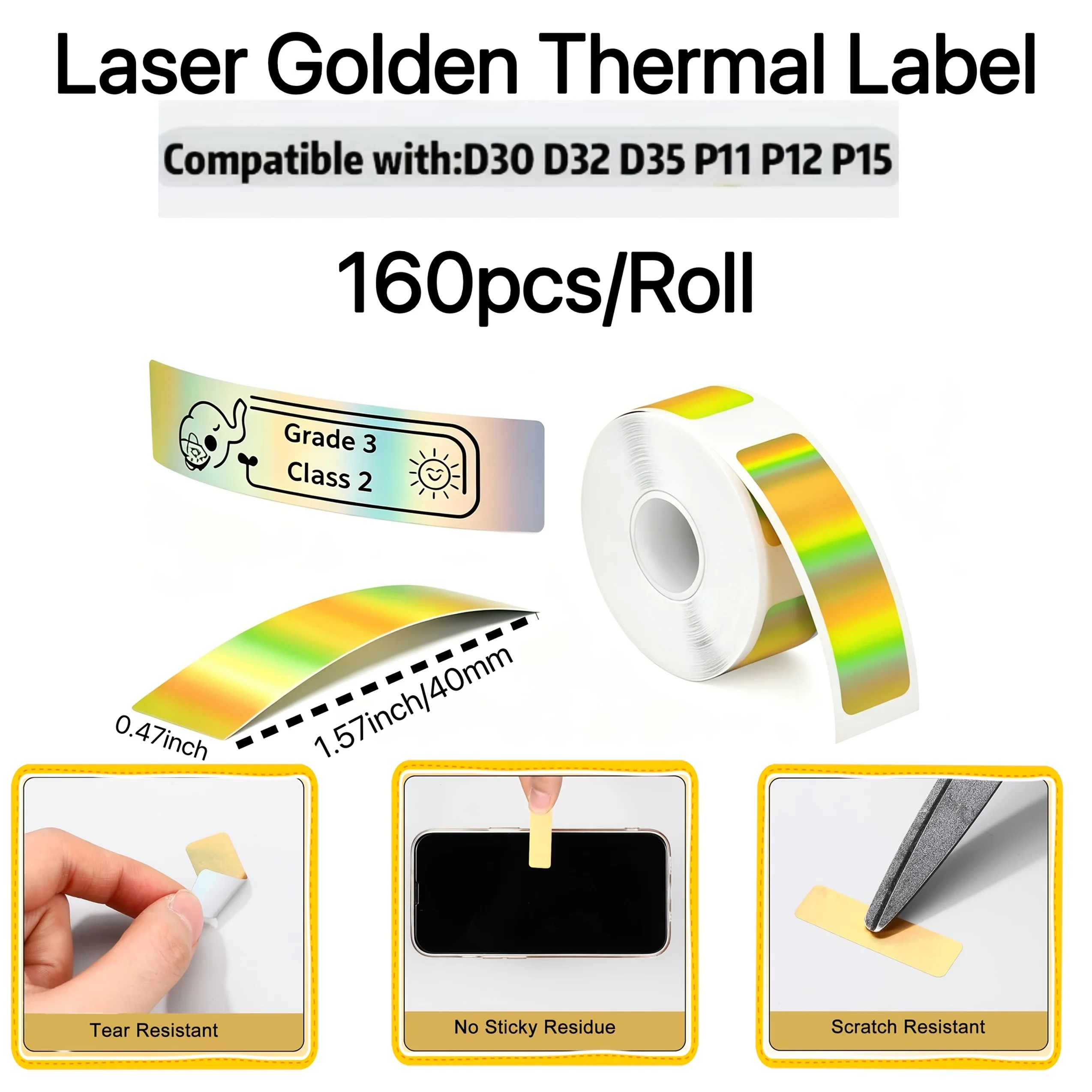 160 Sheets 12x40mm Laser Golden Thermal Label Sticker Compatible for Phomemo D30 D35 P11 P15 Office Gift Envelope Seal Tag