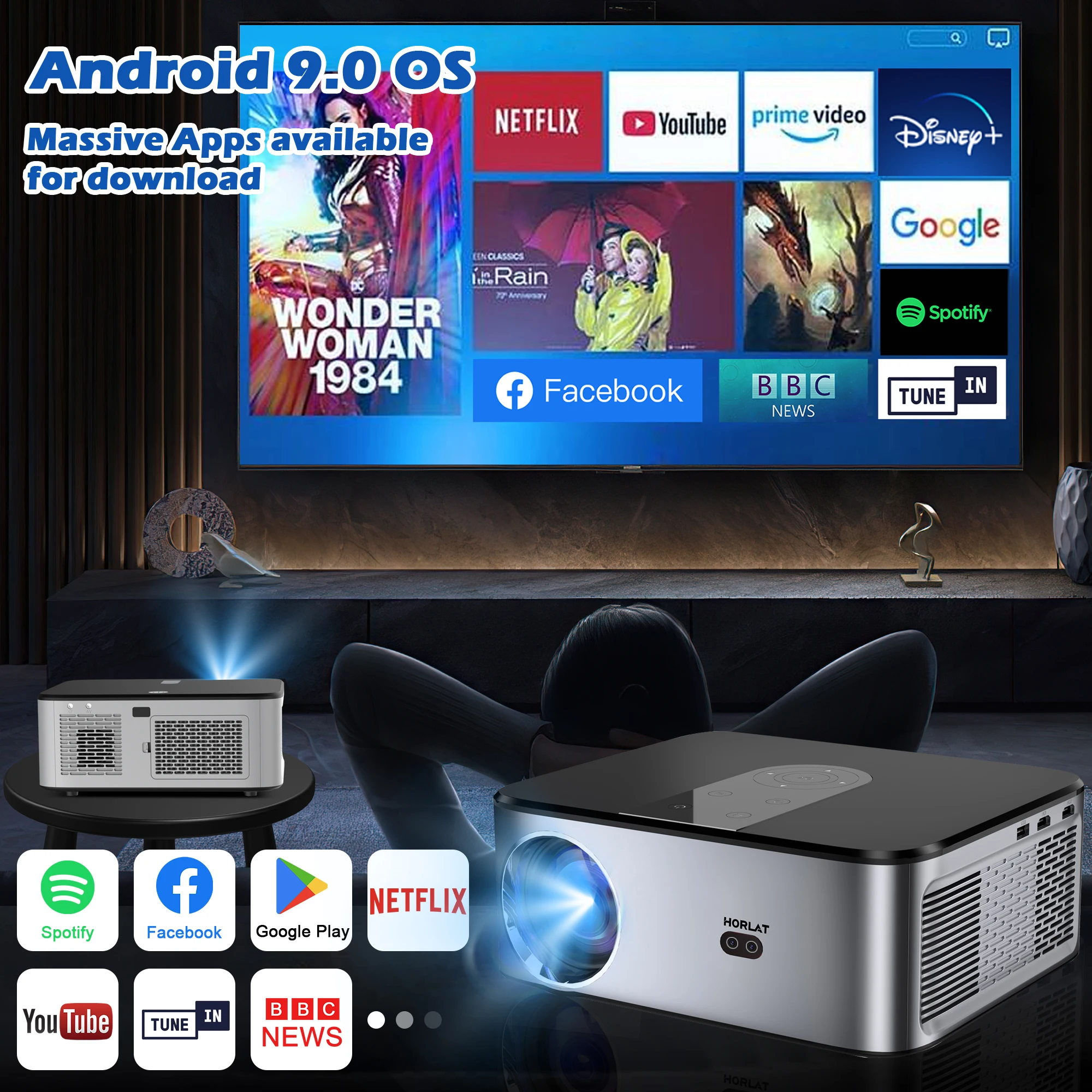 HORLAT-Proyector LED para cine en casa, dispositivo de proyección portátil de 21000 lúmenes, Android 4K, 800ANSI, Full HD, 1080P, 5G, WiFi