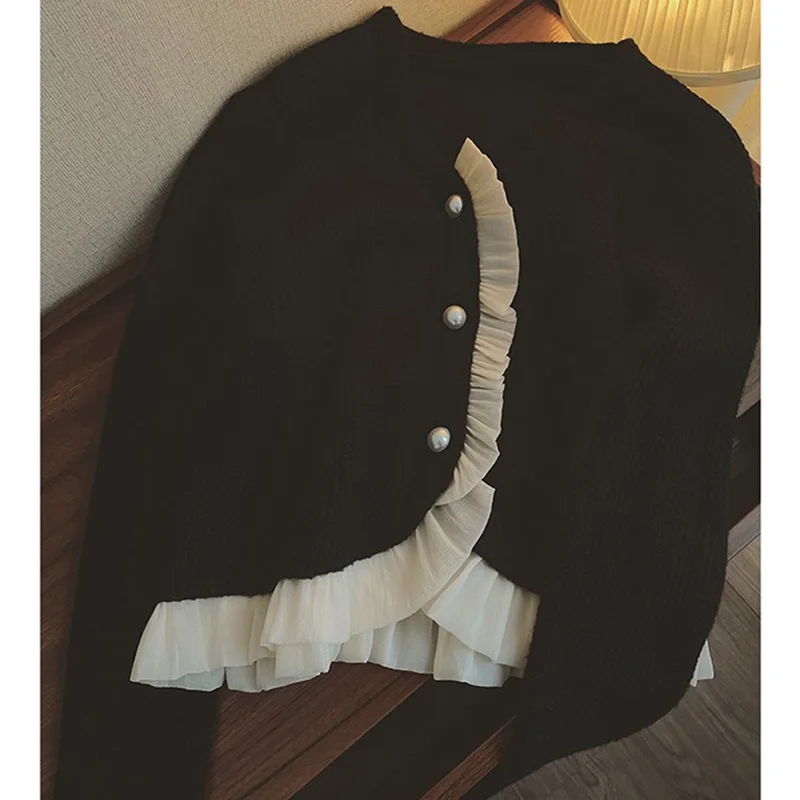 Women's Sweaters 2023 Spring Korean Vintage V-neck Pearl Button Ruffled Patchwork Pink Cropped Cardigan Long Sleeve Knitted Coat