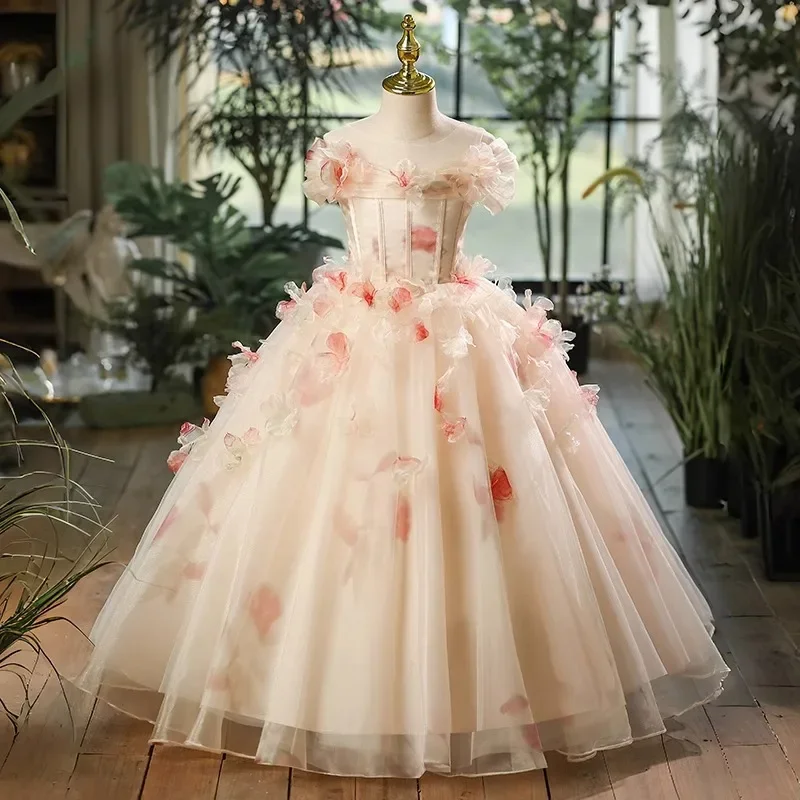 Flower Girl Wedding Dress LuxuryExclusive Kids Pageant Piano Performance Formal Birthday Princess Gown Elegant Childrens Party