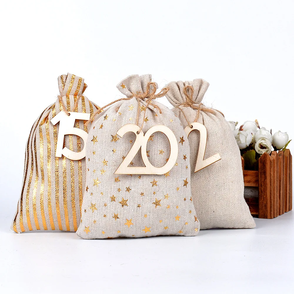 72pcs/lot 10*15cm, 13*18cm Christmas Arrival Calendar Number Pouches Golden Linen Drawstring Bags Christmas Gift Packaging Bags