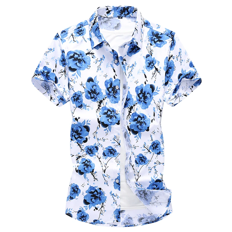 

New Summer Men's Short-sleeved Printed Shirt, Single Breasted Light Blue Floral Shirts, Asian Size M-5XL 6XL 7XL Camisa/Chemise