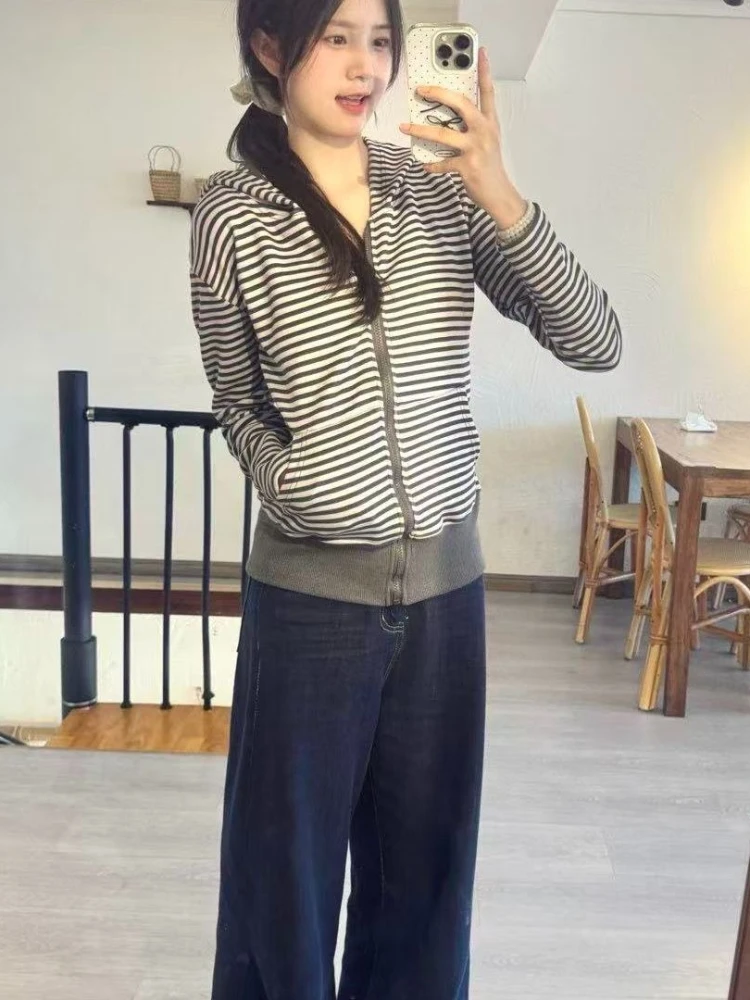 2026 Harajuku Vintage Stripe Hoodie Autumn Streetwear Grunge Zipper Hoody Y2k Aesthetic Women Casual Pocket Slim Fit Sweatshirt
