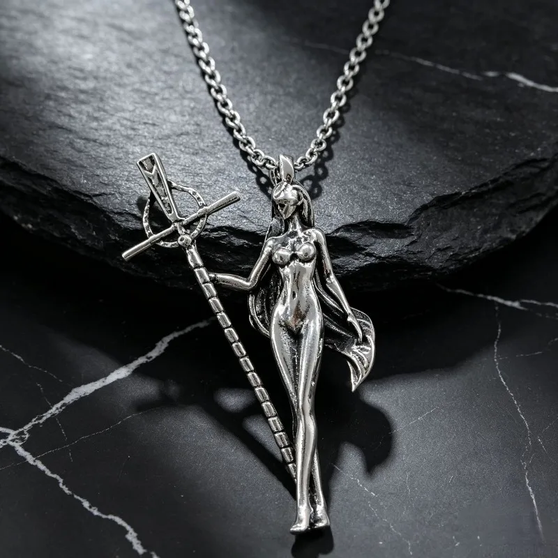 Vintage Antique Magic Scepter Pendant Necklace Gothic Street Style Metal Chain Necklace Fashion Charm Jewelry for Cosplay