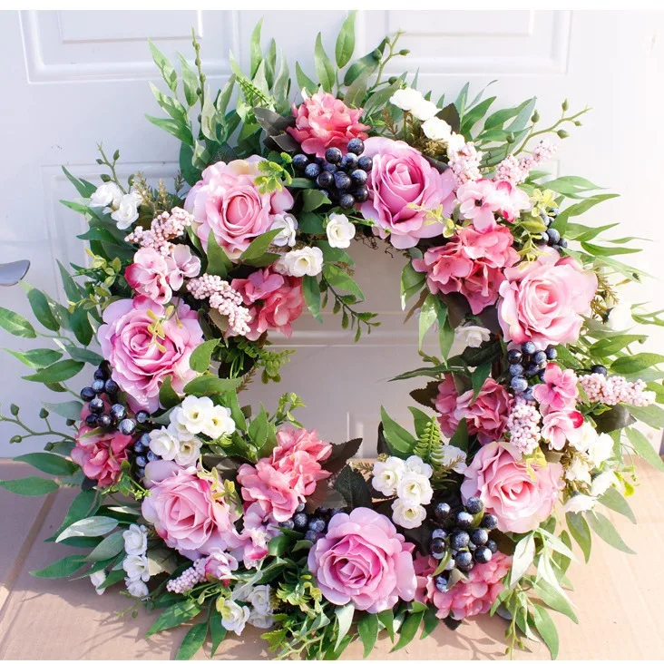 

Artificial Pink Rose Hydrangea Green Leaves Wreath 22 inches Valentines Mother's Day Wreath for Wall Wedding Party Home Decor