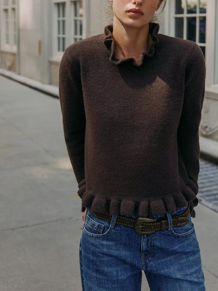 

Осенний новый модный тренд в европейском и американском стиле, женский многослойный декоративный свитер с длинными рукавами и круглым вырезом