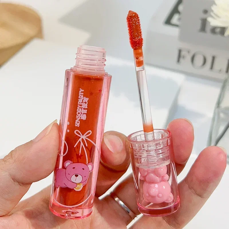 Bonito urso rosa água luz brilho labial duradouro cristal brilhante lábio esmalte espelho nu batom líquido feminino lábios maquiagem cosméticos