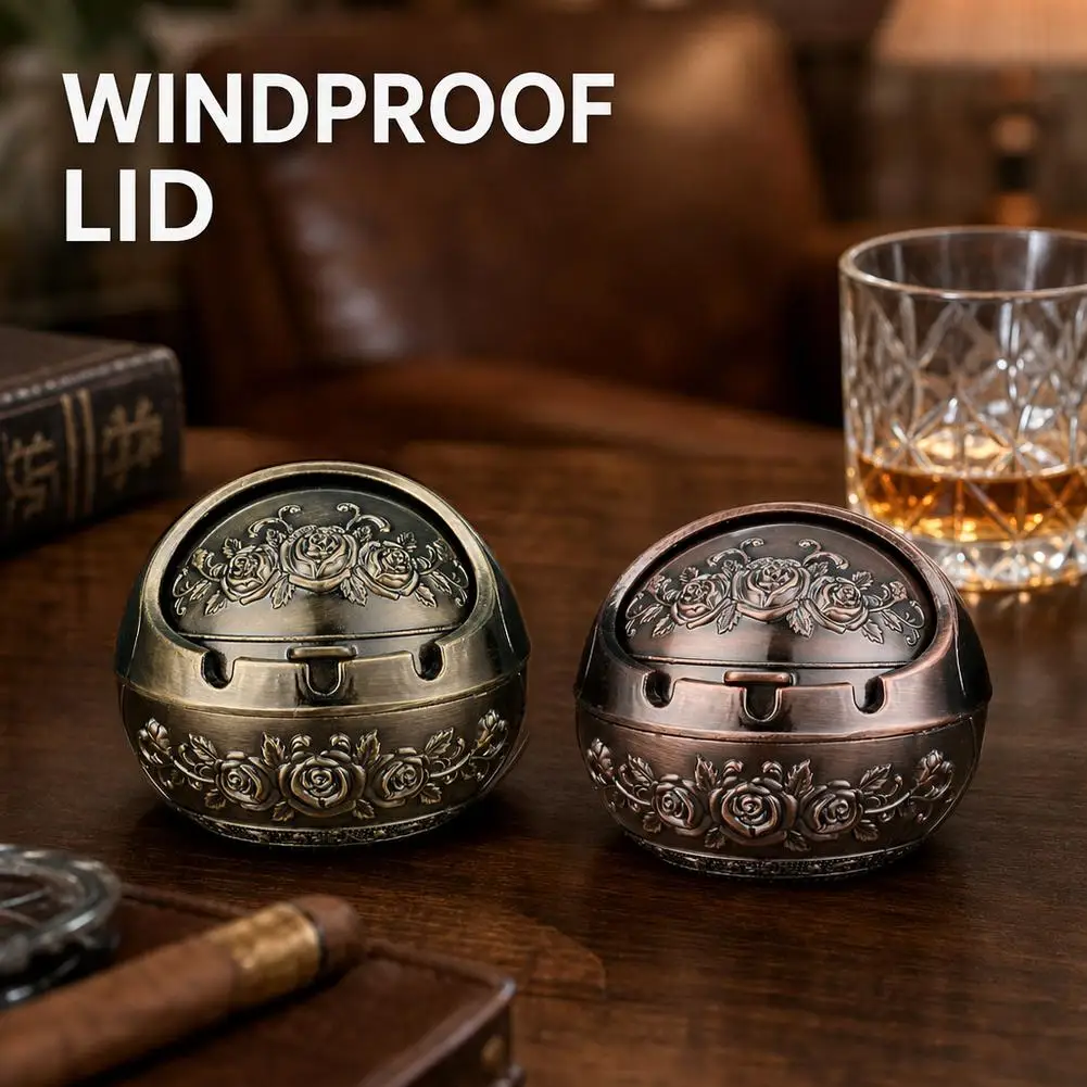 Vintage Metal Ashtray With Lid Windproof Cigarette Ash Holder Decorative Desktop Smokeless Flower Carving Table Ornament