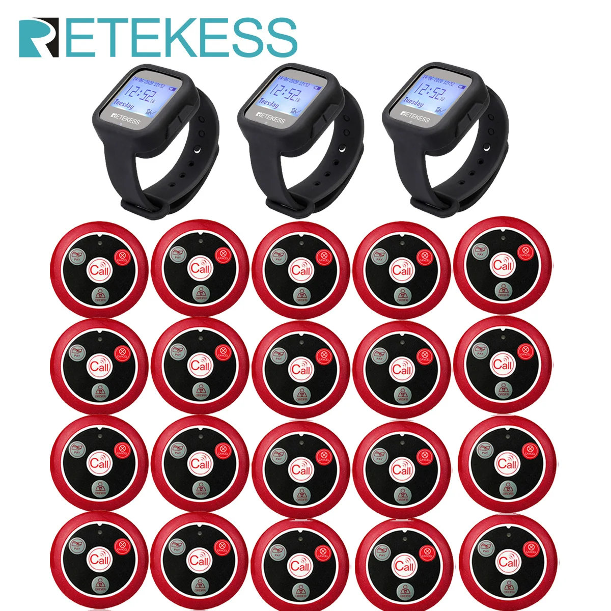 

Retekess кальян ресторан Беспроводная система вызова официанта 3 TD106 водонепроницаемый приемник часов + 20 T117 Pager кнопки вызова кафе бар