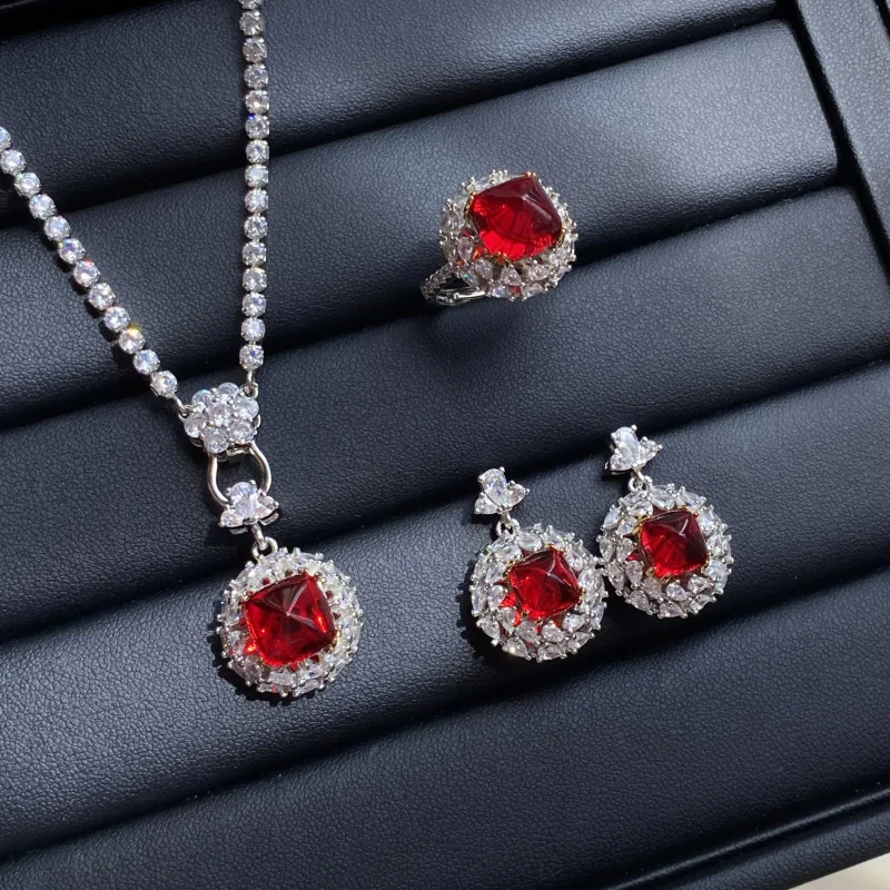 Golden Four-Prong Inlaid Ruby Sugar Tower Full Diamond Luxurious Open Ring for Women Elegant Pendant Earring Set