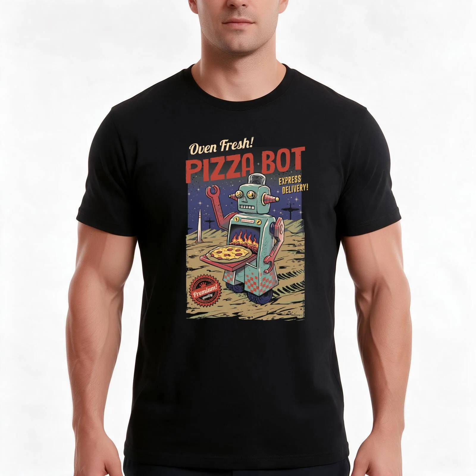 Pizza Bot T-Shirt, Summer Casual Cotton Tee, Oversized Streetwear Tops, Vintage Graphic Print, Loose Fit Short Sleeve