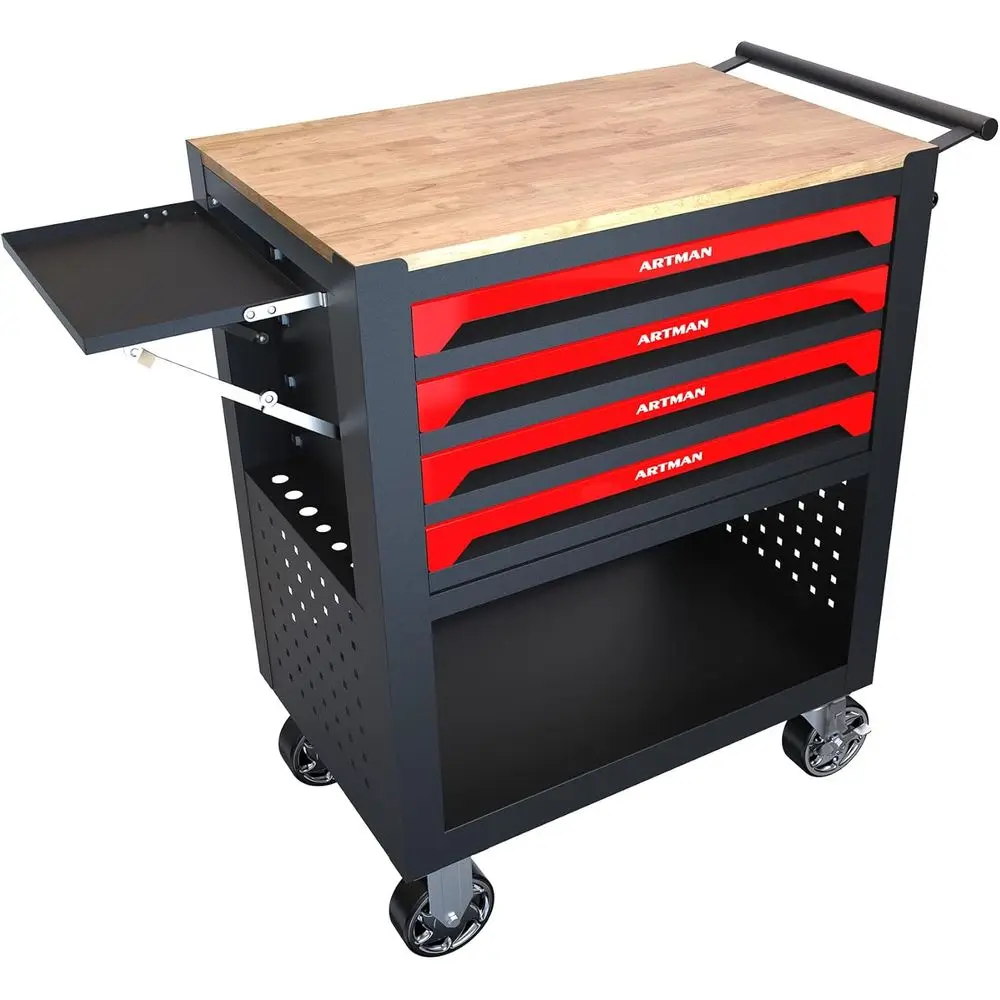 

36 Rolling Tool Cart with Wooden Top, 4 Drawers, 660lbs Capacity Storage Cabinet for Garage and Workshop - Red