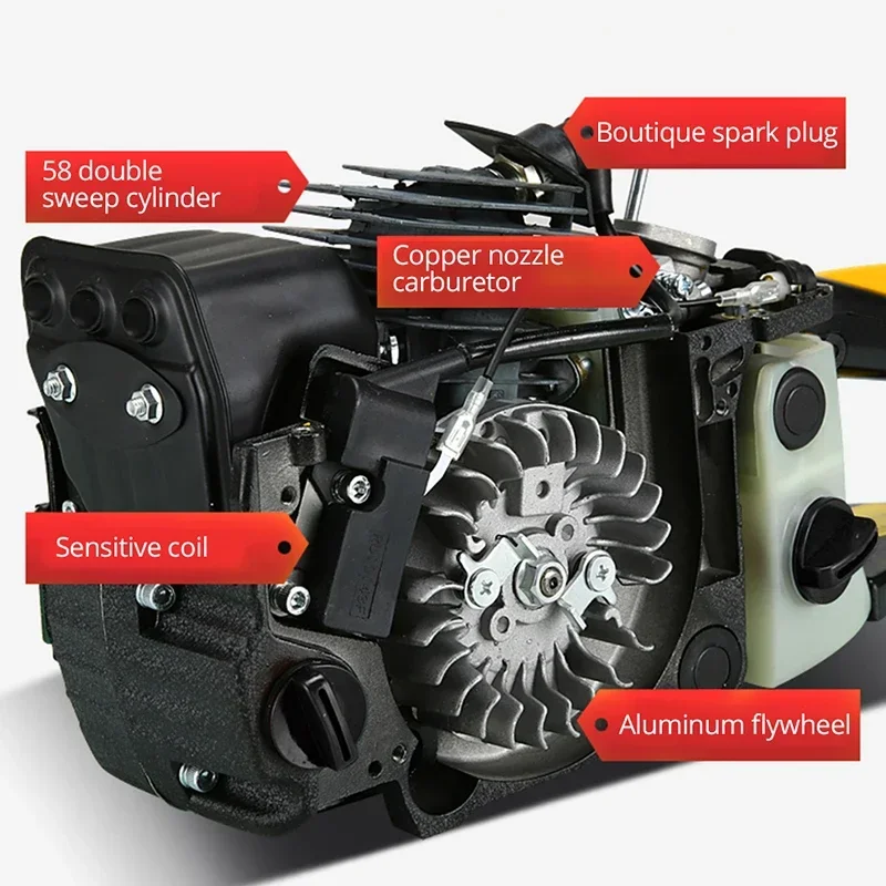 YYHC-Transparente combustível tanque de corrente Serra, Motosserras a gás, 2-Stroke Gasolina Gasolina Chain Saw, Duplo cilindro de varredura, 75CC, 58