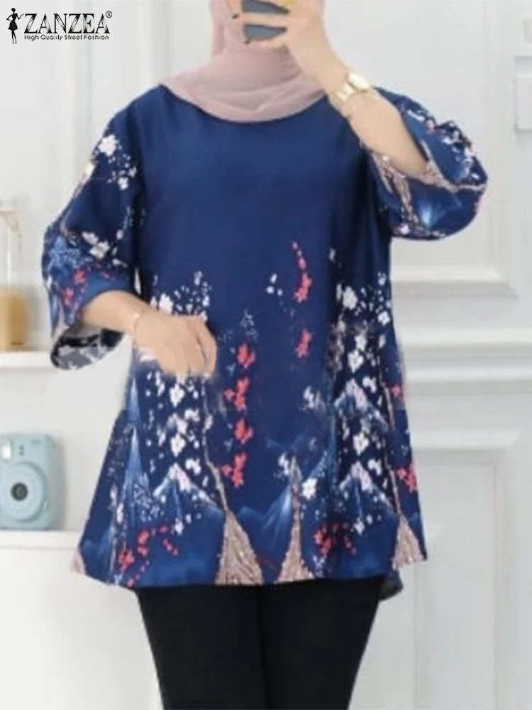 ZANZEA-Blusa informal con estampado Floral para Mujer, camisa de manga 3/4, cuello redondo, Estilo Vintage, bohemio, Abaya, Turquía, Dubái, Verano